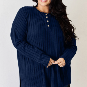 Full Size Ribbed Half Button Long Sleeve High-Low Dark Blue T-Shirt